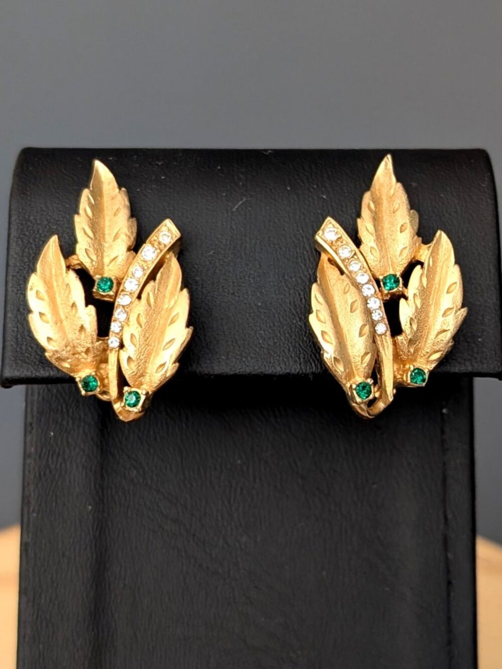 Vintage Erwin Pearl leaf clip on earrings with faux diamonds and faux emeralds
